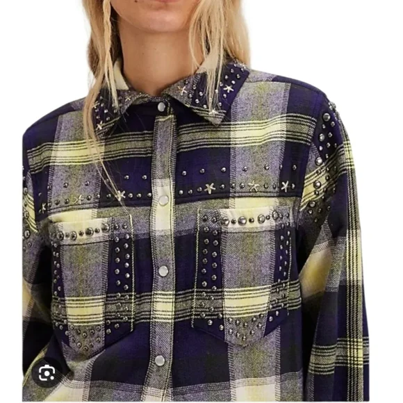 Free People Marfa Plaid Studded Button-Up Flannel Shirt - Picture 12 of 12